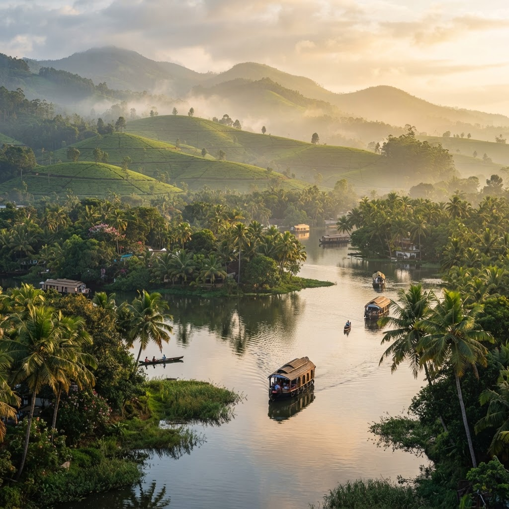 Misty hills of Ooty with tea plantations and Kerala backwaters