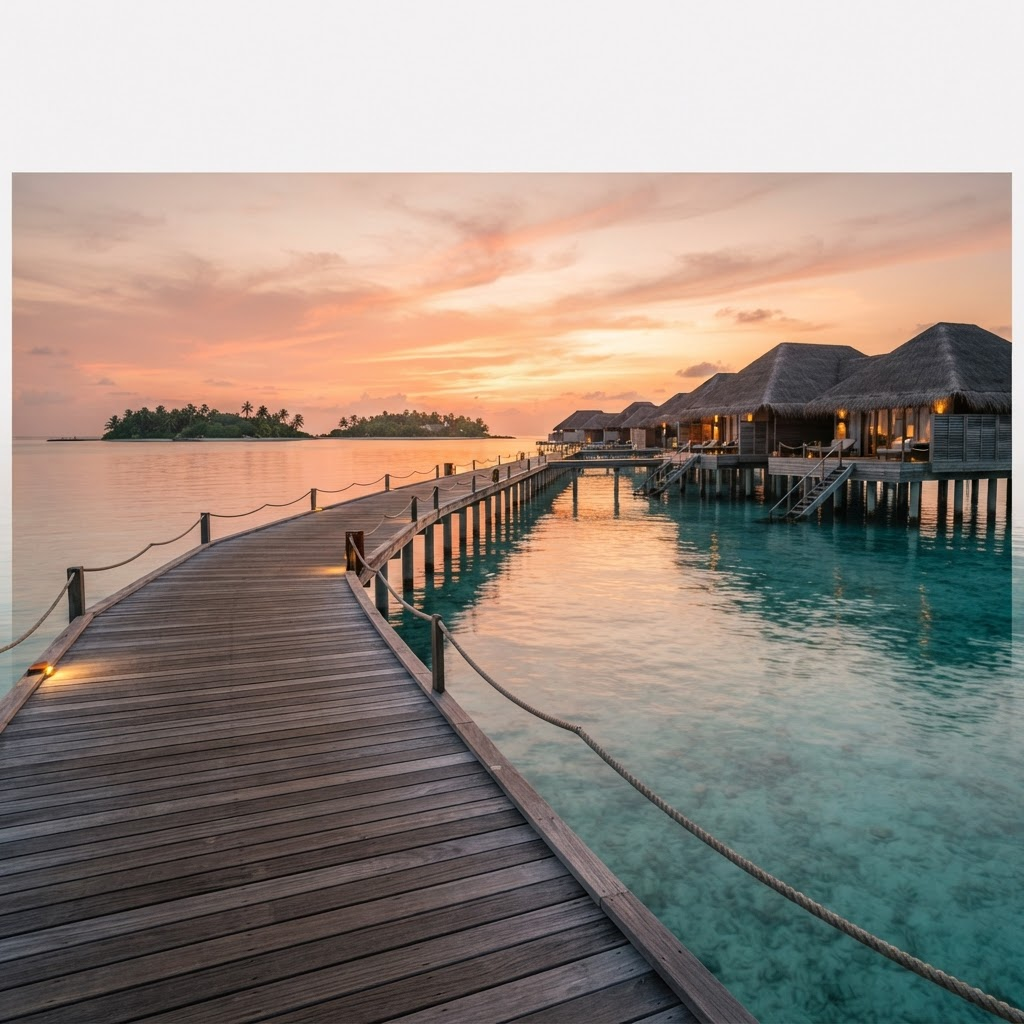 Sunset view of a wooden jetty stretching across calm turquoise water toward overwater bungalows in the Maldives