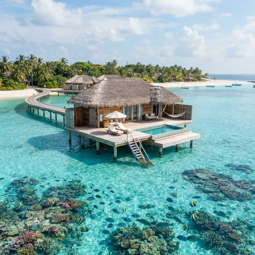 Overwater villa in the Maldives above crystal-clear turquoise water
