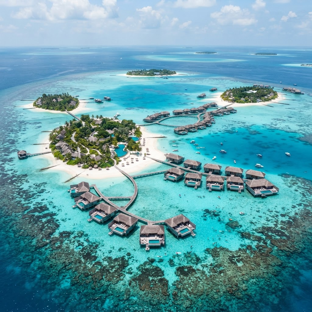 Aerial view of turquoise Maldives waters with overwater bungalows